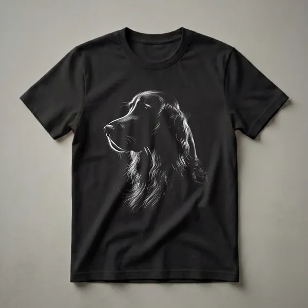 Black t-shirt with a white, high-contrast illustration of an Irish Setter's head in profile, showcasing detailed fur and noble features.