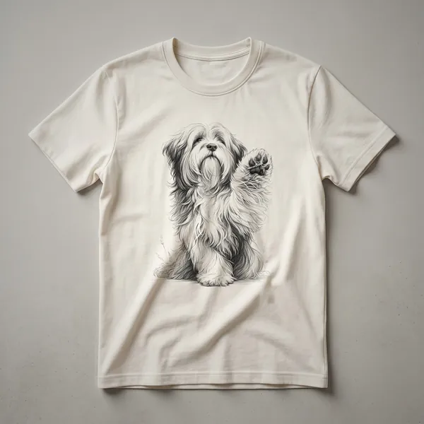White Tibetan Terrier dog paw print graphic t-shirt with the words 'Tibetan Terrier' integrated into the design.