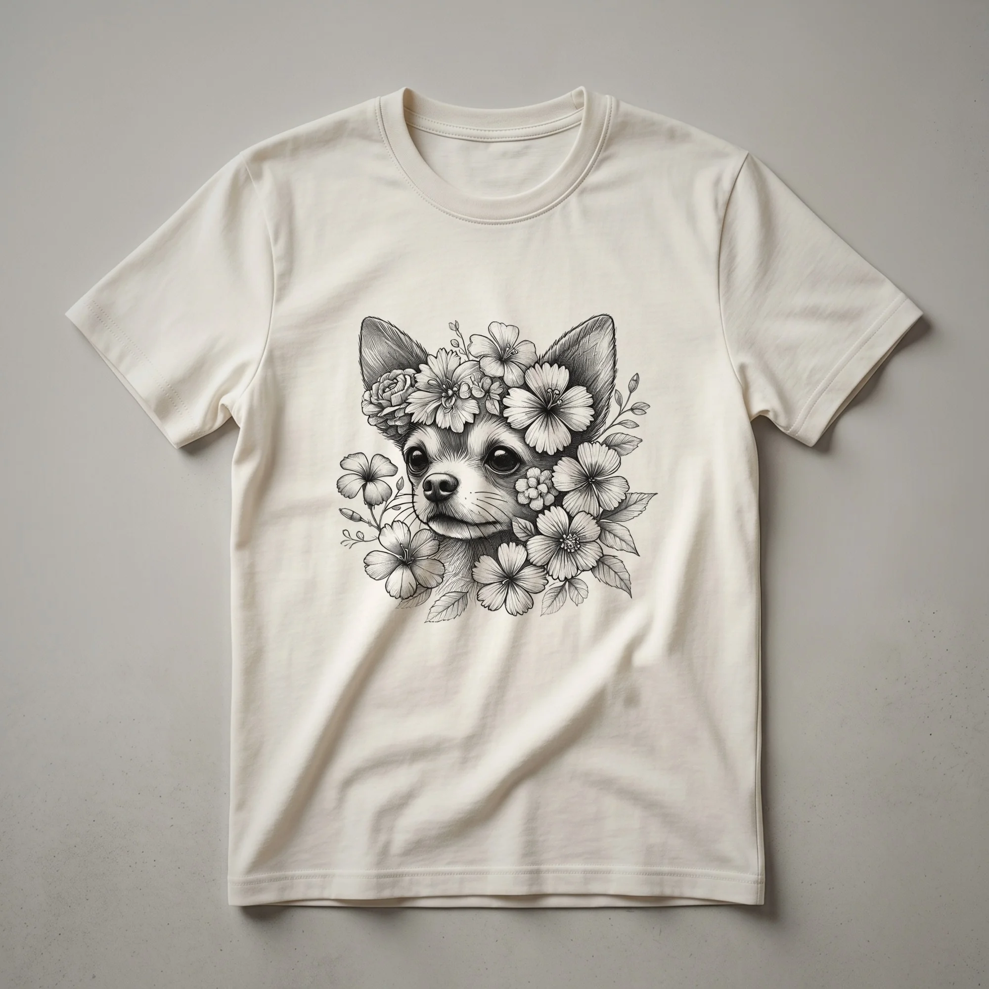White graphic t-shirt featuring a stylized Chihuahua head with colorful pink, purple, and green flowers.