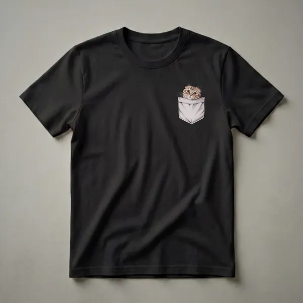 Black t-shirt featuring a detailed drawing of a brown tabby Scottish Fold cat peeking out from a faux white shirt pocket.