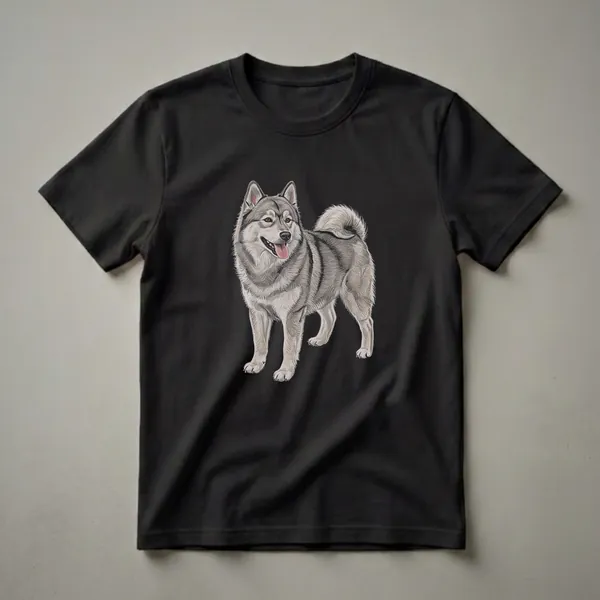A black t-shirt featuring a detailed drawing of a Norwegian Elkhound dog with grey and black fur, standing with its tongue out.