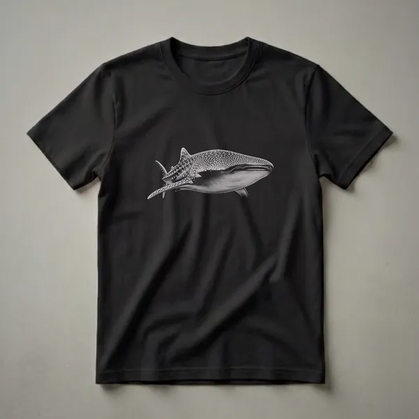 Black t-shirt featuring a detailed, monochromatic drawing of a whale shark with its characteristic spotted pattern, shown in profile.