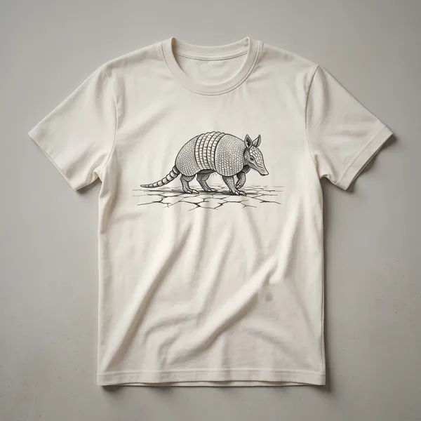 Black and white sketch of an armadillo on a white t-shirt, presented in a vintage art style.