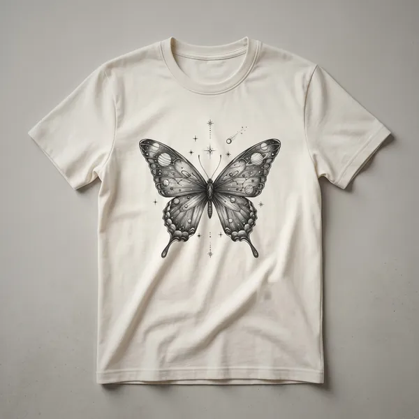 A black t-shirt featuring a geometric butterfly design with celestial elements in vibrant blues, purples, and yellows.