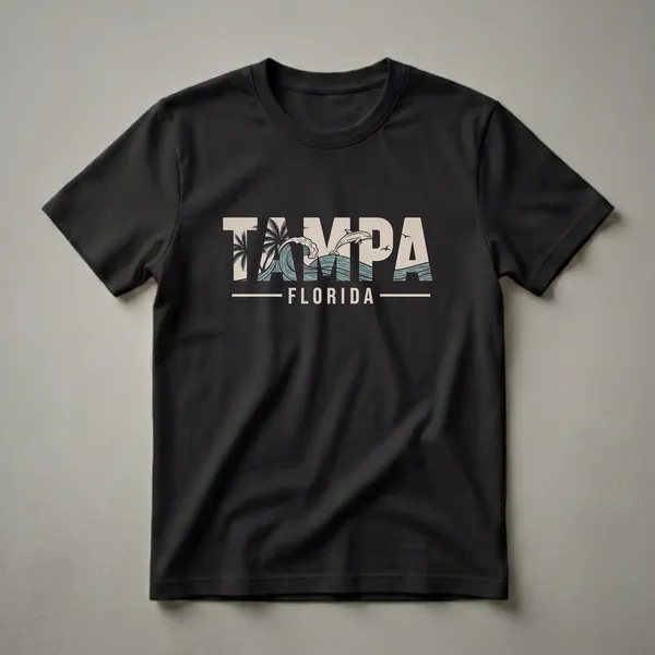 Black graphic t-shirt with 'TAMPA FLORIDA' text, featuring a retro design with a dolphin jumping over a wave, palm trees, and birds.