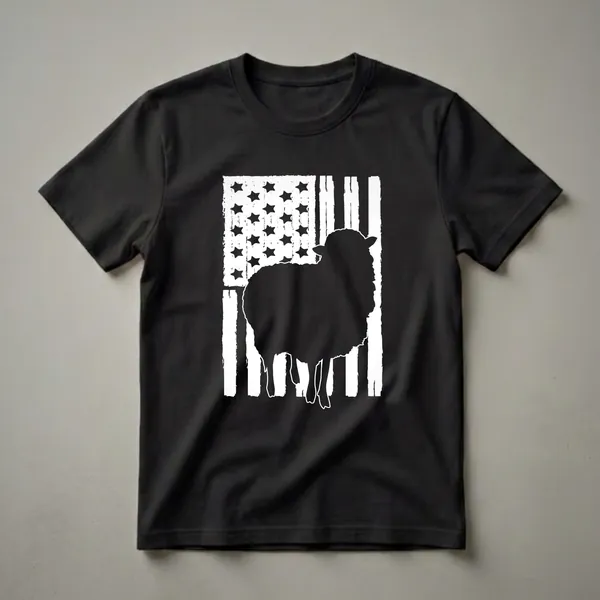 Black silhouette of a sheep against a distressed white and black American flag graphic on a black t-shirt.