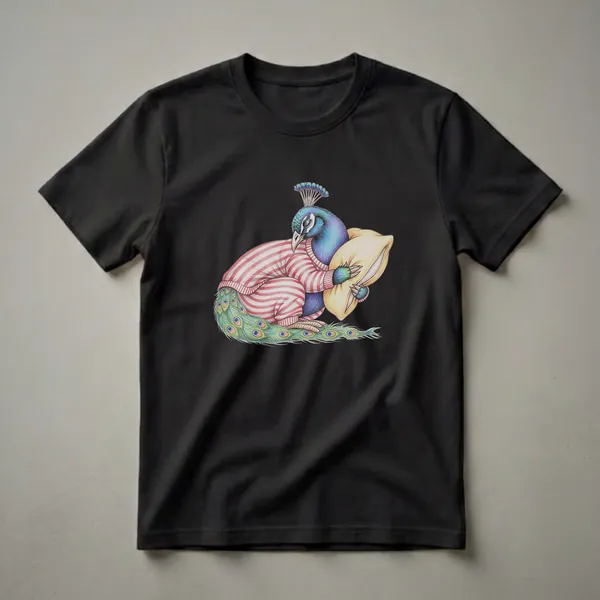 A black t-shirt featuring a detailed drawing of a peacock wearing red and white striped pajamas and sleeping with a yellow pillow, with its tail feathers spread out.