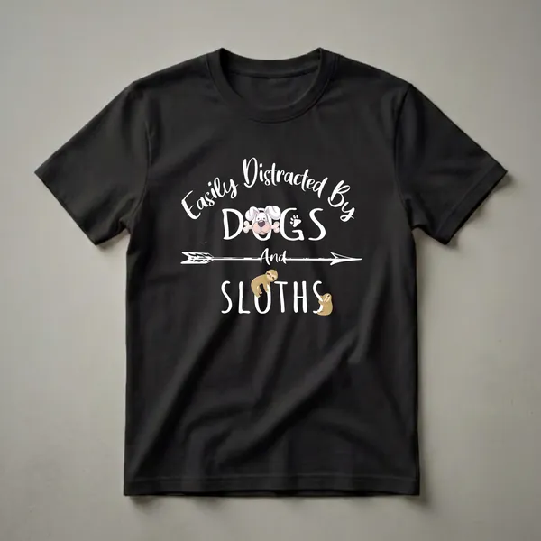 Black t-shirt with white text that says 'Easily Distracted By Dogs And Sloths', featuring a cartoon dog with a bone and two cartoon sloths.