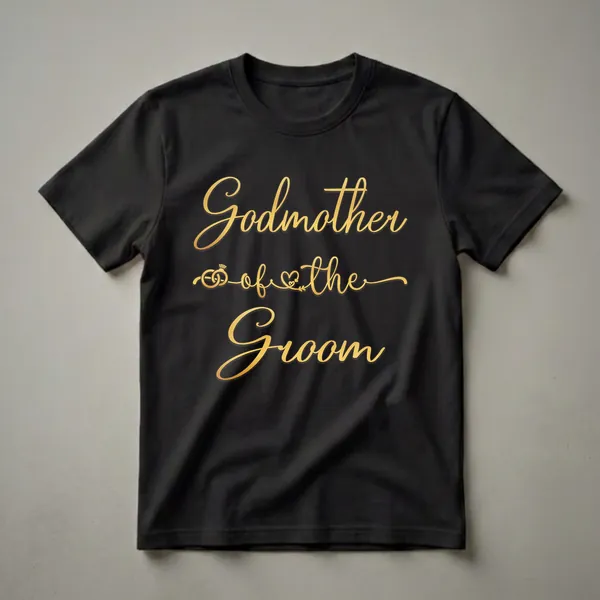 Black t-shirt with gold script text that reads 'Godmother of the Groom' and includes graphics of wedding rings and a heart.