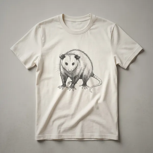 A vintage line drawing of an opossum, showcasing its fur texture, pointed snout, and long tail, presented on a dark garment.