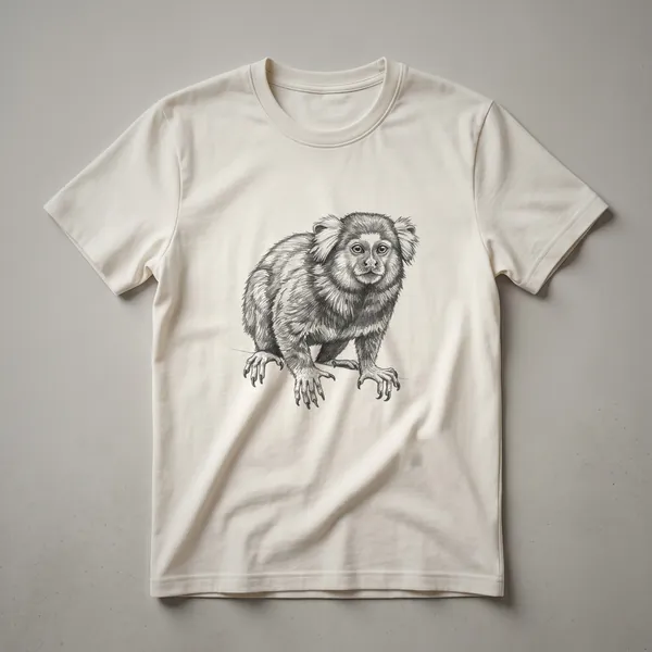 Black line drawing of a marmoset monkey on a black t-shirt, showcasing its face, fur texture, and clawed hands.