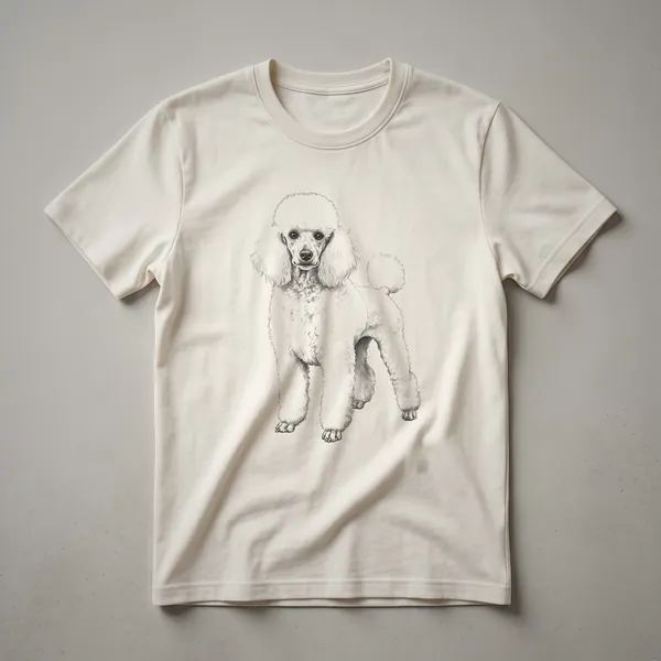 A black and white line drawing of a poodle, showcasing its distinctive curly fur and alert expression, presented on a t-shirt.