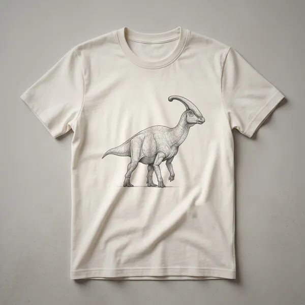 Black and white line drawing of a Parasaurolophus dinosaur, showcasing its distinctive crest and bipedal stance, printed on a t-shirt.