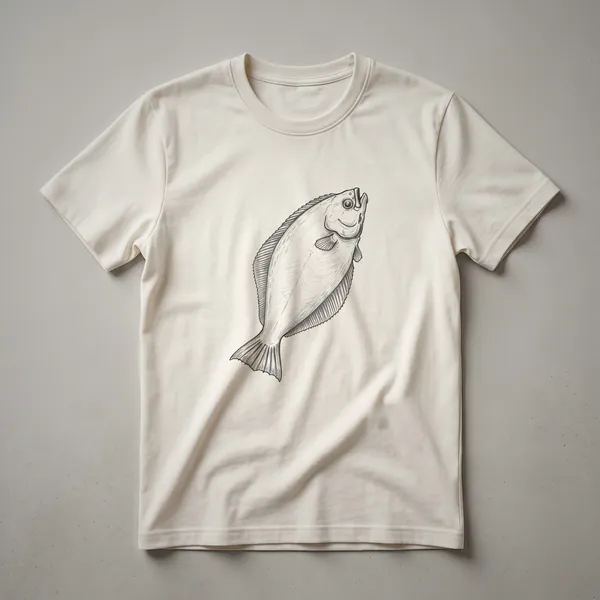 A vintage-style line drawing of a halibut fish is printed on a white t-shirt, showcasing the fish's flat body and distinctive features.