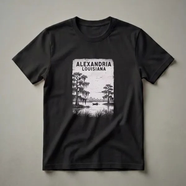 Black and white graphic t-shirt featuring the words 'ALEXANDRIA LOUISIANA' above a vintage illustration of a swamp with cypress trees, Spanish moss, and a rowboat on the water.