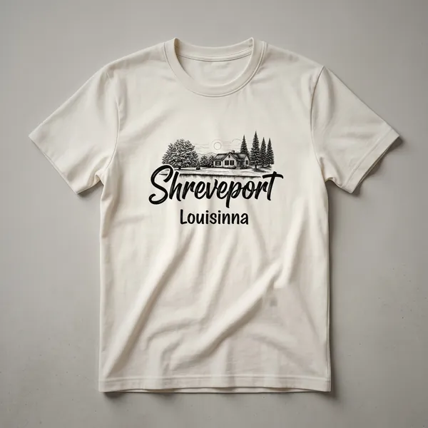 Black graphic t-shirt featuring a sketch art design of a cabin surrounded by trees with the text 'Shreveport Louisiana' in script.