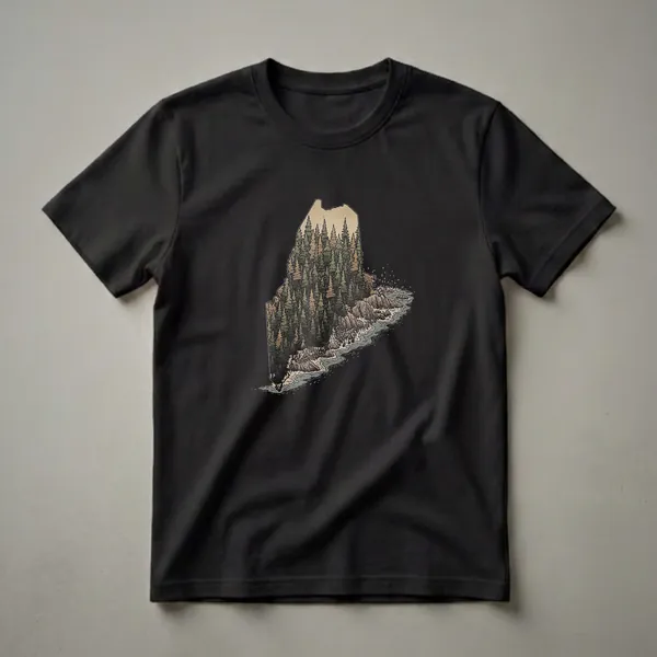 Black t-shirt featuring a retro graphic of the state of Maine filled with a dense evergreen forest and a rocky coastline with waves.