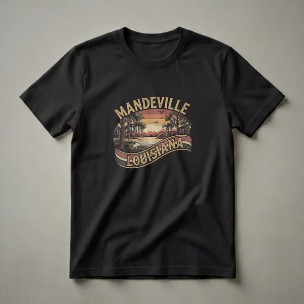 Black t-shirt featuring a retro graphic design of Mandeville, Louisiana at sunset, with oak trees, Spanish moss, a lake, and an egret.
