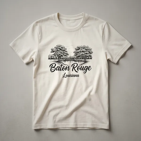 Black graphic t-shirt featuring a vintage sketch of trees, water, and a bridge with 'Baton Rouge Louisiana' text.