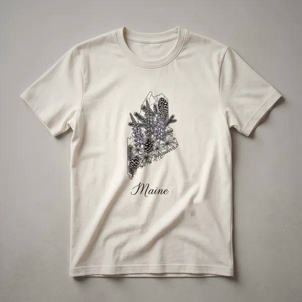 Black t-shirt with a grey outline of the state of Maine filled with a sketch of purple lupine flowers, pine needles, and pinecones.