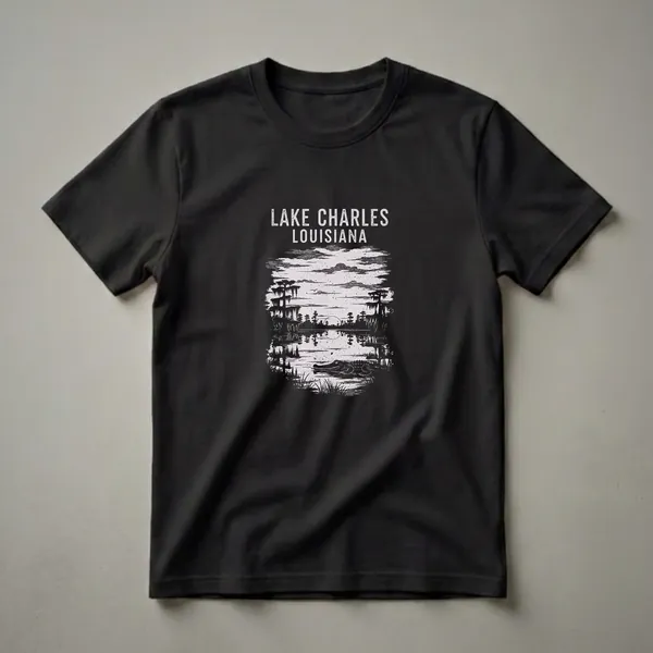Black t-shirt with a distressed graphic design of Lake Charles, Louisiana, showing an alligator in a swamp with cypress trees and the text 'LAKE CHARLES LOUISIANA'.