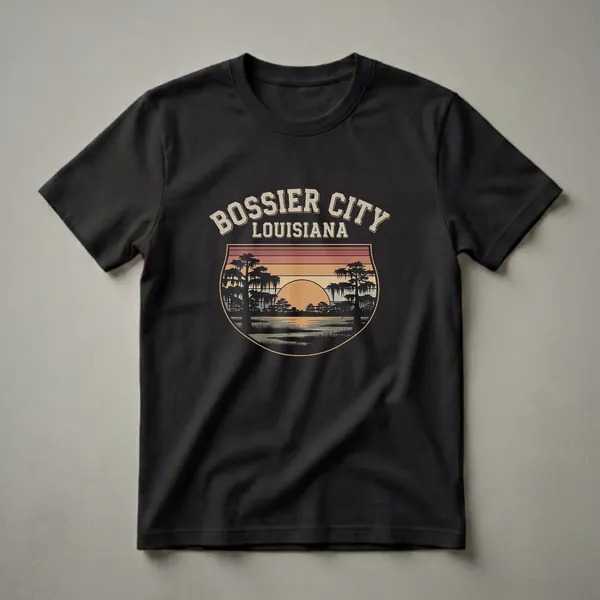 Black t-shirt with a retro graphic design of Bossier City, Louisiana, featuring a swamp sunset with cypress trees and Spanish moss.