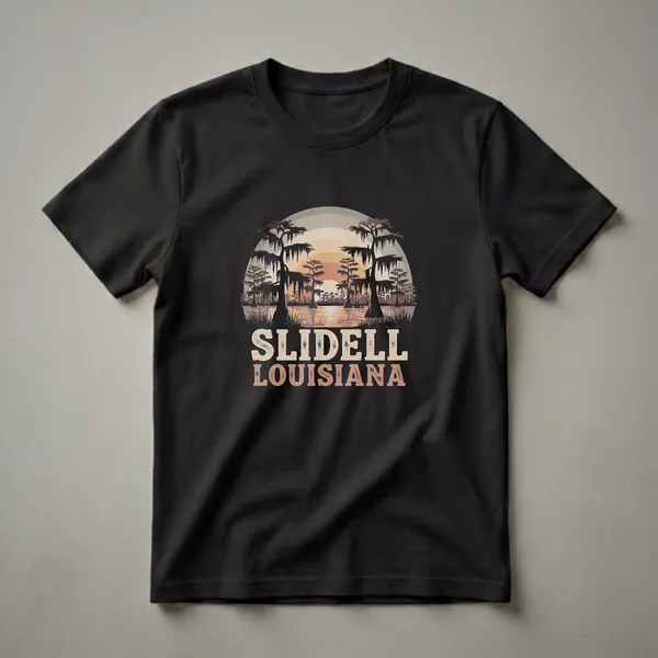 Black t-shirt with a retro graphic design of a swamp sunset scene and the words 'SLIDELL LOUISIANA' in distressed lettering.
