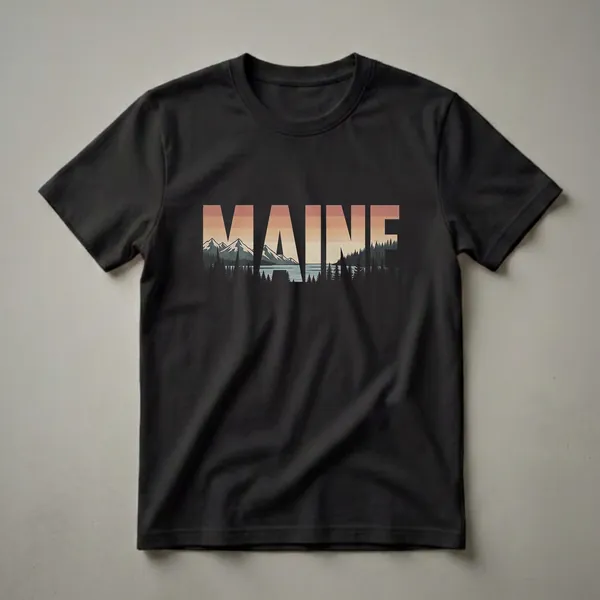 Black t-shirt with the word MAINE in large retro font, filled with a vintage landscape of mountains, a lake, and pine trees.