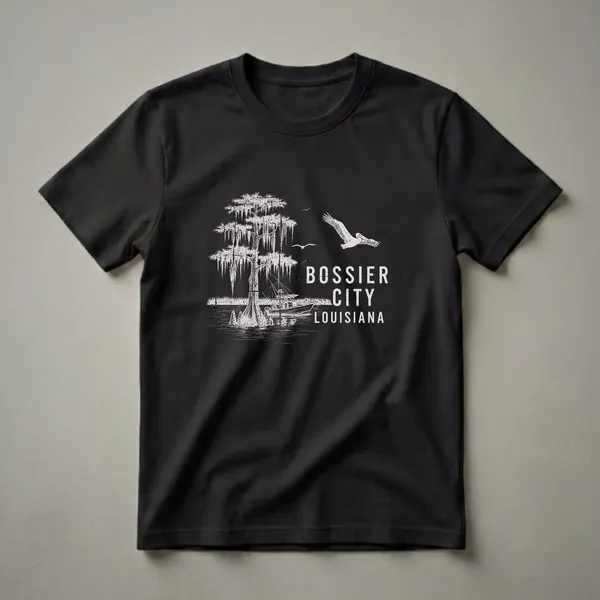 Black t-shirt with a vintage white graphic of a cypress tree with Spanish moss, a fishing boat on the water, and a pelican flying overhead, with the text 'BOSSIER CITY LOUISIANA'.
