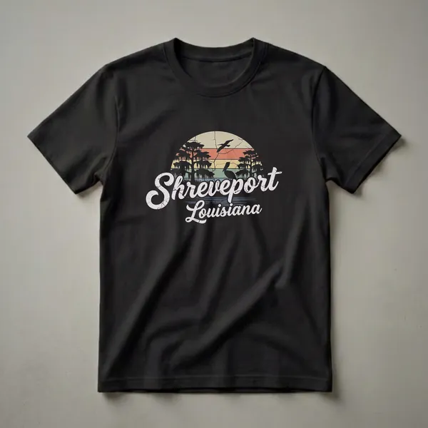 Black t-shirt with a retro graphic depicting a Shreveport, Louisiana swamp sunset scene, featuring silhouetted cypress trees, a pelican, and a bird in flight.