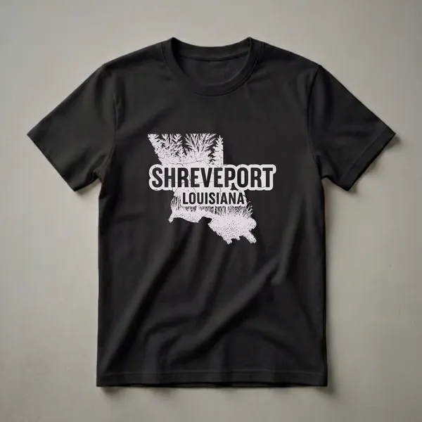 Black t-shirt with a light grey graphic of the Louisiana state outline filled with pine trees and grass, featuring the text 'SHREVEPORT LOUISIANA' in a distressed font.