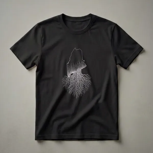 Black t-shirt with a white sketch outline of the state of Maine filled with intricate tree roots and branches, symbolizing deep roots.