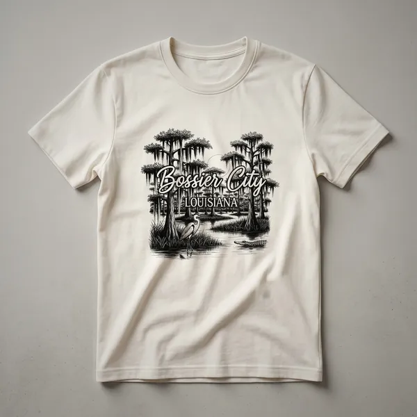 Black t-shirt with a sketch art design of Bossier City, Louisiana, showing a swamp with cypress trees, Spanish moss, a heron, and an alligator.