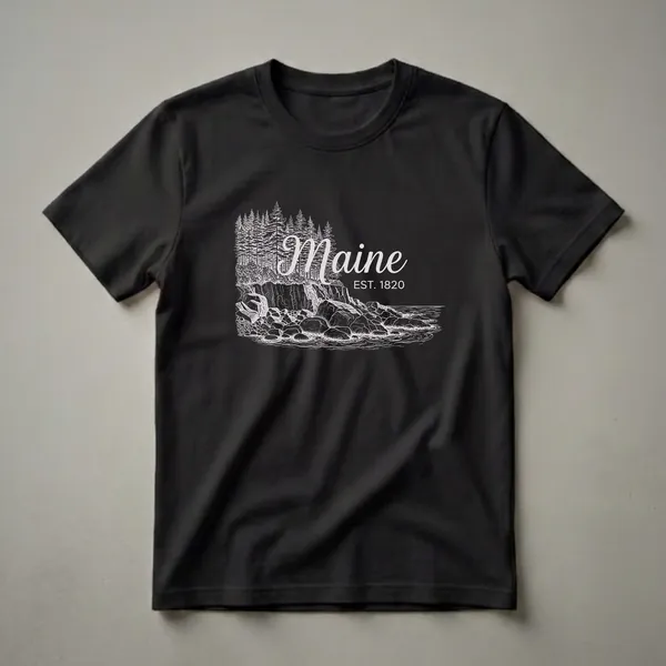 Black t-shirt with a white graphic depicting a dense pine forest overlooking a rocky Maine coastline with waves and the text 'Maine EST. 1820'.