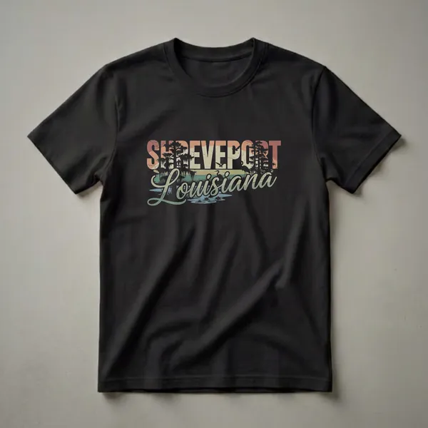 Black graphic t-shirt featuring the words "Shreveport Louisiana" in a retro font over a swamp landscape with cypress trees, herons, and flying birds.