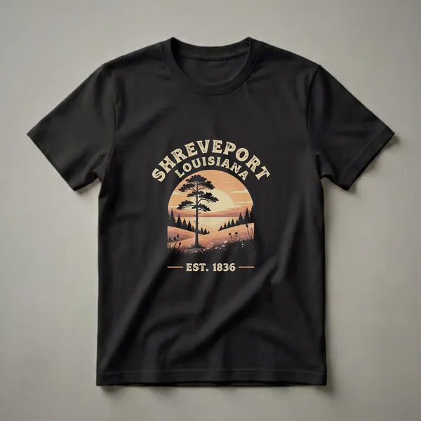 Black t-shirt with a retro graphic design of Shreveport, Louisiana at sunset, featuring a pine tree, water, and hills, with the city name and establishment date.