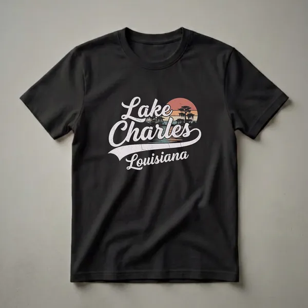 Black t-shirt with a retro graphic design that reads 'Lake Charles Louisiana' above a sunset scene with silhouetted cypress trees and water.