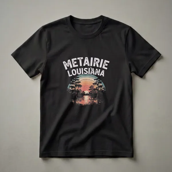 Black t-shirt with a retro graphic design featuring the words 'METAIRIE LOUISIANA' above a swamp scene at sunset with cypress trees and a reflective body of water.