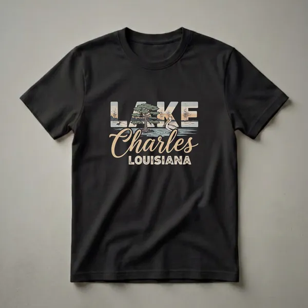 Black t-shirt featuring a retro graphic design with the words 'LAKE CHARLES LOUISIANA', a pelican, a heron, a tree, and a sunset over water.
