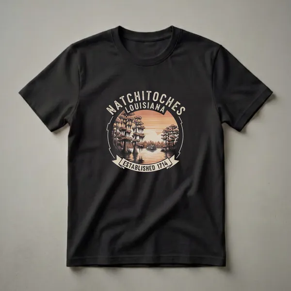 Black graphic t-shirt featuring a retro design of Natchitoches, Louisiana, with a steamboat on a river, cypress trees with Spanish moss, and a sunset.