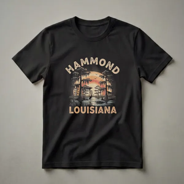 Black t-shirt with a retro graphic design of Hammond, Louisiana, showing a swamp scene at sunset with cypress trees, a heron, and an alligator.