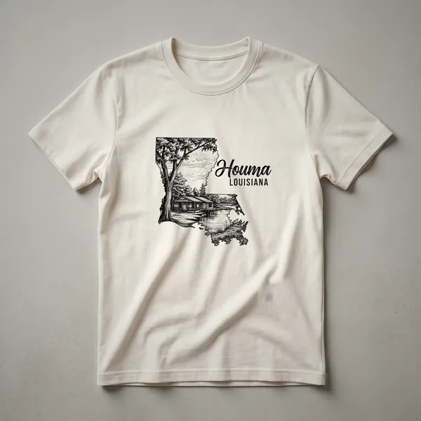 Black line art graphic t-shirt featuring the outline of Louisiana filled with a landscape scene including a large tree, a cabin by the water, and the text 'Houma LOUISIANA'.