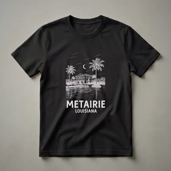 Black t-shirt with a white vintage line drawing of a building at night with palm trees and a crescent moon, featuring the text Metairie Louisiana.