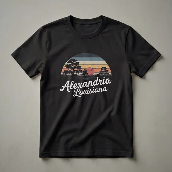 Black t-shirt with a retro sunset graphic featuring cypress trees, Spanish moss, and the text 'Alexandria Louisiana'.