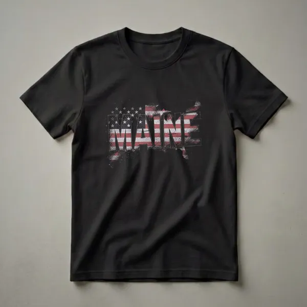 Black t-shirt with the word MAINE filled with a distressed American flag design, featuring red and white stripes and a blue field with white stars.