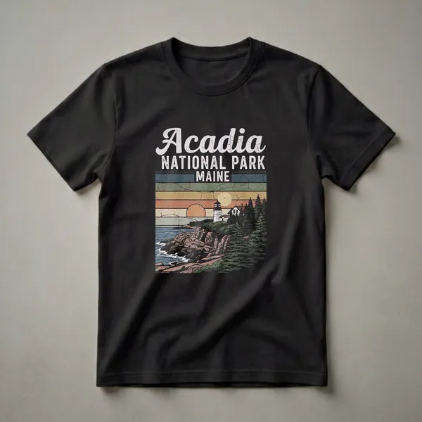Black graphic t-shirt featuring a retro design of Acadia National Park, Maine, with a lighthouse, rocky coast, pine trees, and a vintage sunset.