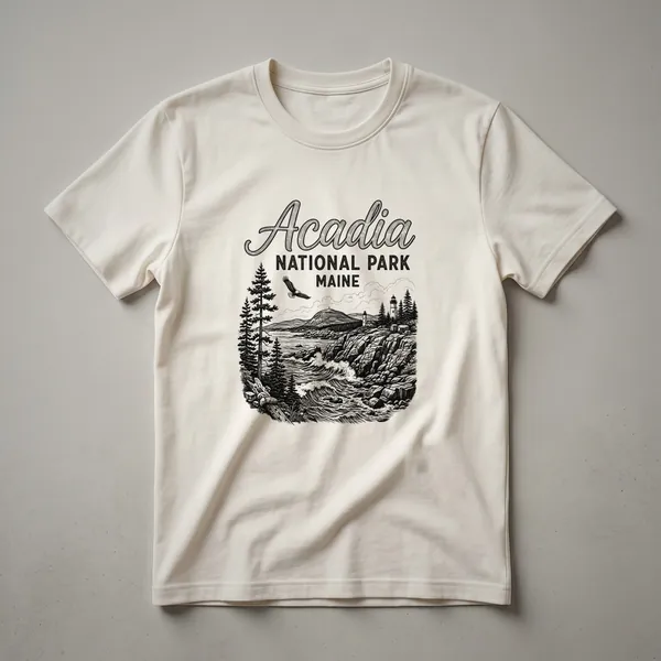 Black t-shirt with a sketch art design of Acadia National Park, Maine, featuring a lighthouse, soaring eagle, pine trees, and crashing ocean waves.