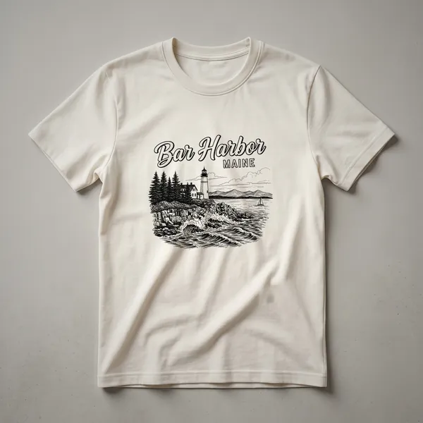 Black graphic t-shirt with a sketch art design of Bar Harbor, Maine, featuring a lighthouse, rocky coastline, pine trees, and ocean waves.