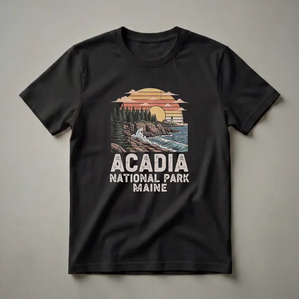 Black t-shirt with a retro graphic design of Acadia National Park, Maine, featuring a sunset over a rocky coastline with pine trees and a lighthouse.