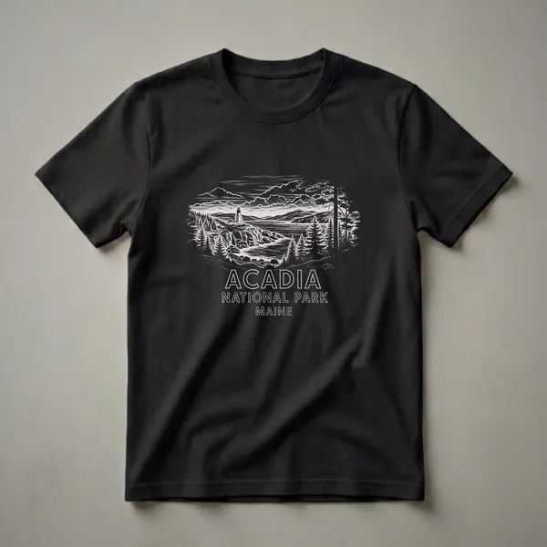 Black graphic t-shirt featuring a vintage linocut illustration of Acadia National Park, Maine, with a lighthouse on a rocky coast, pine trees, and mountains.